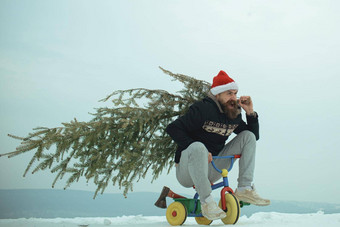赶时髦的人携带圣诞节树<strong>白色</strong>雪兴奋疯狂的有趣的骑自行车的人圣诞老人他庆祝活动圣诞节一年男人。骑自行车三轮车<strong>雪景</strong>观