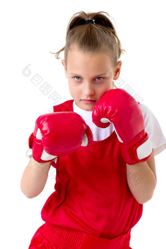 体育<strong>拳击</strong>手十几岁的<strong>女孩</strong>孤立的白色背景