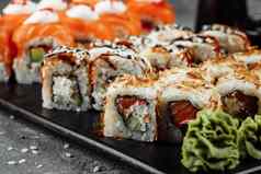 寿司集新鲜的成分灰色的背景寿司菜单日本食物