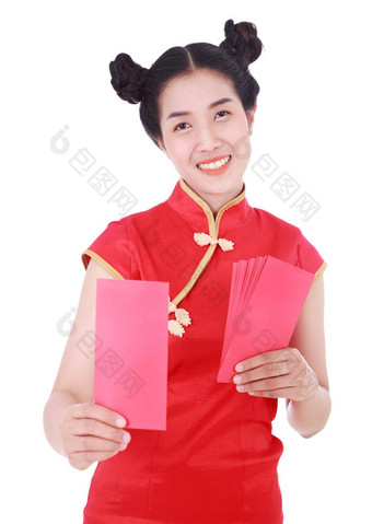 女人穿<strong>旗袍旗袍</strong>给红色的信封概念快乐中国人一年孤立的白色<strong>背景</strong>