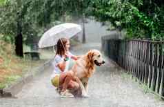 女孩金寻回犬狗多雨的一天