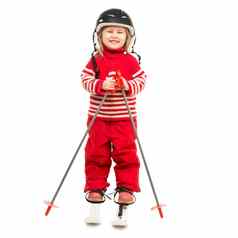 女孩红色的滑雪西装站滑雪板