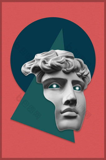 拼贴画石膏古董雕塑人类脸流行艺术风格现代有创意的概念图像古老的雕像头电子杂志文化当代<strong>艺术海报</strong>时髦的极简主义复古的设计