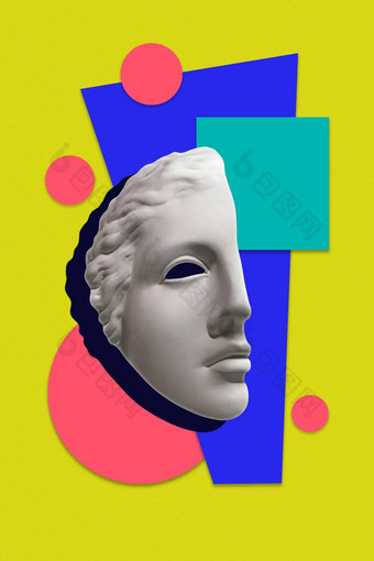 拼贴画雕塑人类脸流行艺术风格现代有创意的概念图像古老的雕像头电子杂志文化当代艺术海报时髦的朋克极简主义复古的超现实主义的设计