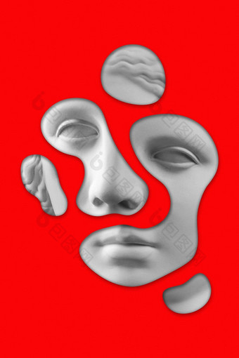 超现实主义的拼贴画古董雕塑女人脸流行艺术风格现代有创意的概念图像古老的雕像头红色的电子杂志文化当代艺术海报时髦的复古的极简主义