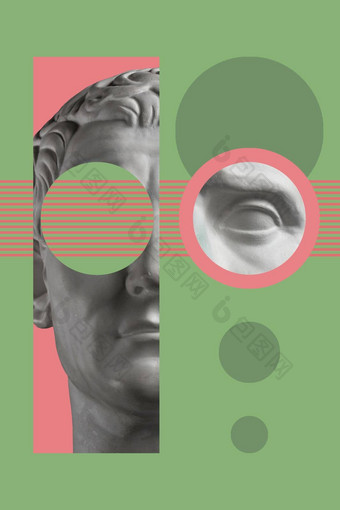 拼贴画石膏古董雕塑人类脸流行艺术风格现代有创意的概念图像古老的雕像头电子杂志文化<strong>当代艺术海报</strong>时髦的极简主义复古的设计