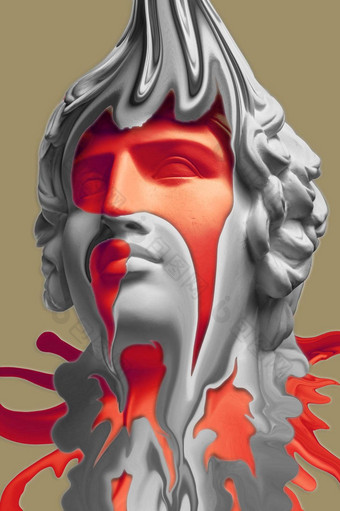 拼贴画石膏古董雕塑人类脸流行艺术风格有创意的概念色彩斑斓的霓虹灯图像古老的雕像头赛博朋克webpunk超现实主义的风格海报