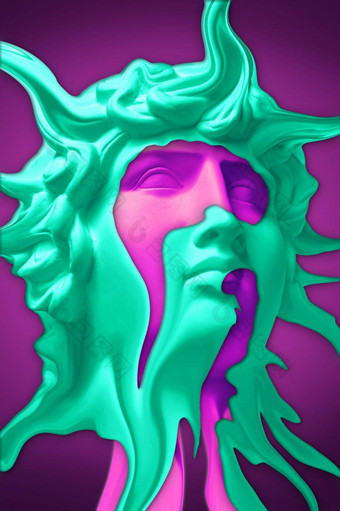 拼贴画石膏古董雕塑人类脸流行艺术风格有创意的概念色彩斑斓的霓虹灯图像古老的雕像头赛博朋克webpunk超现实主义的风格海报