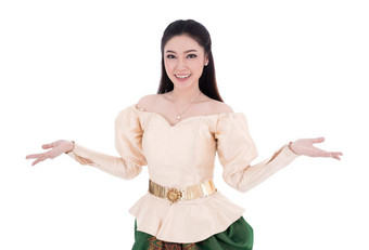女人泰国传统的衣服空手孤立的白色背景