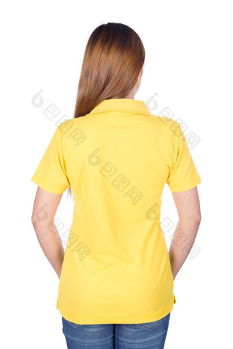 女人黄色的马球衬衫孤立的白色背景回来一边