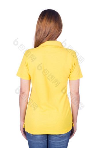 女人黄色的马球衬衫孤立的白色背景回来一边