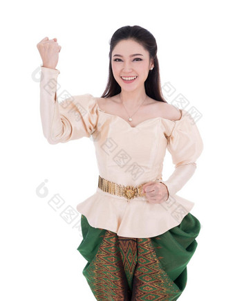 快乐女人泰国传统的衣服孤立的白色背景