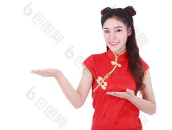 女人穿红色<strong>的旗袍</strong>开放手棕榈概念快乐中国人一年孤立<strong>的</strong>白色背景