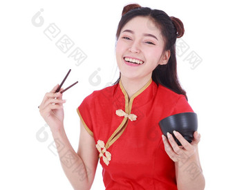 女人穿中国人<strong>旗袍衣服</strong>筷子碗孤立的白色背景