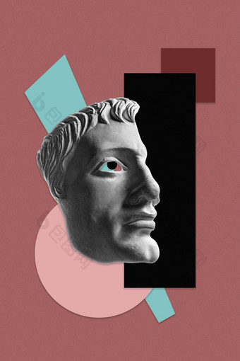 拼贴画雕塑人类脸流行艺术风格现代有创意的概念图像古老的雕像头电子杂志文化当代艺术海报时髦的朋克极简主义复古的超现实主义的设计