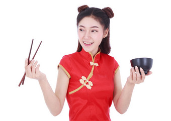 女人穿中国人旗袍衣服筷子碗孤立的白色背景
