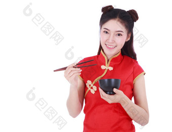 女人穿中国人<strong>旗袍</strong>衣服筷子碗孤立的白色背景