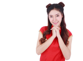 女人穿红色的<strong>旗袍</strong>概念快乐中国人一年孤立的白色背景