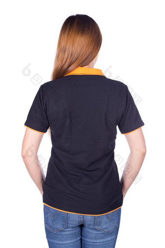 女人黑色的马球衬衫孤立的白色背景回来一边