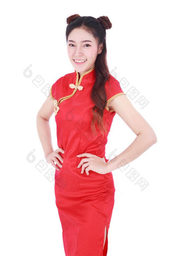 女人穿红色的<strong>旗袍</strong>概念快乐中国人一年孤立的白色背景