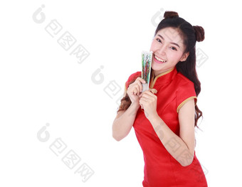 女人穿<strong>中国</strong>人旗袍衣服持有<strong>中国</strong>人风<strong>扇</strong>孤立的白色背景