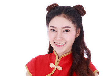 女人穿红色的旗袍概念快乐中国人一年孤立的白色背景