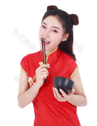女人穿中国人<strong>旗袍</strong>衣服筷子碗孤立的白色背景