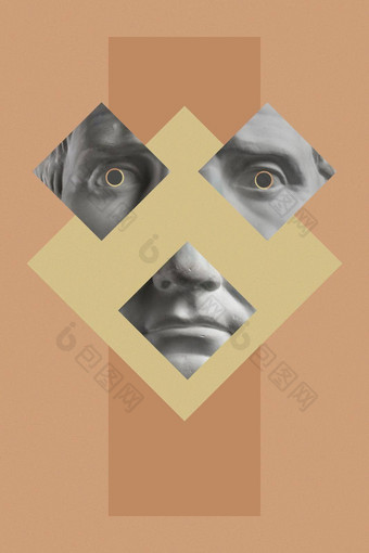 拼贴画石膏古董雕塑人类脸流行艺术风格现代有创意的概念图像古老的雕像头电子杂志文化当代艺术海报时髦的极简主义复古的设计