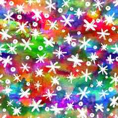 水彩无缝的模式手画雪花摘要刷中风墨水插图白色彩虹背景一年圣诞节织物设计假期打印彩虹颜色