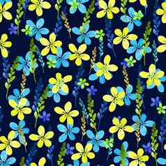 无缝的花模式水彩蓝色的黄色的花叶子古董风格背景手使华丽的纺织织物自然插图绘画元素