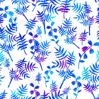 无缝的模式刷花叶子植物蓝色的水彩颜色白色背景手画画眉山庄纹理墨水森林元素时尚现代风格没完没了的织物打印