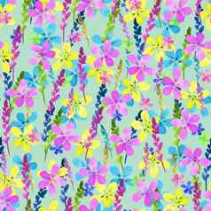 无缝的花模式水彩蓝色的粉红色的黄色的花叶子古董风格背景手使华丽的纺织织物自然插图绘画元素