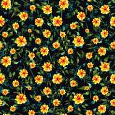 无缝的叶状的水彩点缀绿色颜色黄色的花