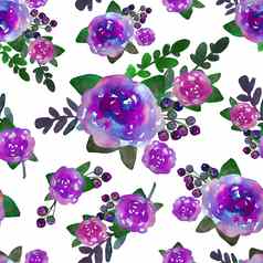 浪漫的花无缝的模式玫瑰花叶打印纺织壁纸没完没了的手绘水彩元素美花束粉红色的紫罗兰色的绿色白色背景