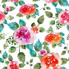 古董花无缝的模式玫瑰花叶打印纺织壁纸没完没了的手绘水彩元素美花束粉红色的红色的绿色白色背景