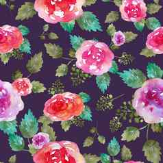 古董花无缝的模式玫瑰花叶打印纺织壁纸没完没了的手绘水彩元素美花束粉红色的红色的绿色紫罗兰色的背景