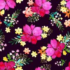 浪漫的花无缝的模式玫瑰花叶打印纺织壁纸没完没了的手绘水彩元素美花束粉红色的红色的绿色紫罗兰色的背景