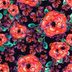 水彩无缝的模式玫瑰叶红色的花绿色叶子黑暗蓝色的背景花没完没了的艺术作品手绘美丽的打印