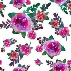 浪漫的花无缝的模式玫瑰花叶打印纺织壁纸没完没了的手绘水彩元素美花束粉红色的红色的绿色白色背景