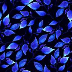 手画水彩蓝色的叶子无缝的花模式