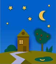晚上时间自然景观房子月亮星星