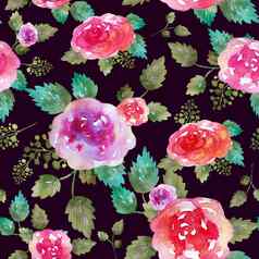 古董花无缝的模式玫瑰花叶打印纺织壁纸没完没了的手绘水彩元素美花束粉红色的红色的绿色黑暗背景