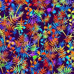 无缝的模式刷花叶子植物彩虹水彩颜色紫罗兰色的背景手画画眉山庄纹理墨水森林元素时尚现代风格没完没了的织物打印