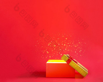 开放红色的礼物盒子弓金发光闪闪发光的内部红色的背景横幅Copyspace通用假期圣诞节情人节一天一年生日周年纪念日现在