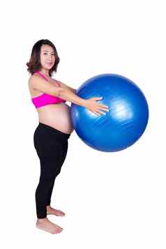 怀孕了女人健身球白色背景