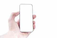 无框架智能手机白色屏幕手插入图像白色背景隔离