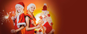 圣诞节横幅朋友女孩快乐圣诞节快乐假期海报快乐的朋友庆祝圣诞节红色的背景