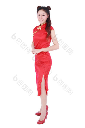 女人穿<strong>红色</strong>的<strong>旗袍</strong>概念快乐中国人一年孤立的白色背景