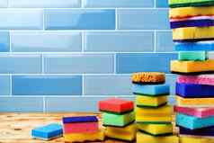 桩家庭清洁海绵蓝色的瓷砖墙
