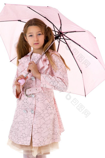 美丽的十几岁的女孩粉红色的伞